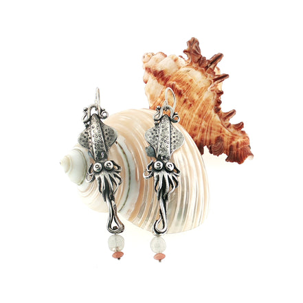 Squid Earrings with Moonstone & Coral