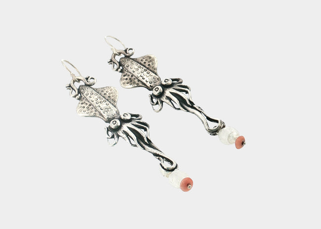 Squid Earrings with Moonstone & Coral
