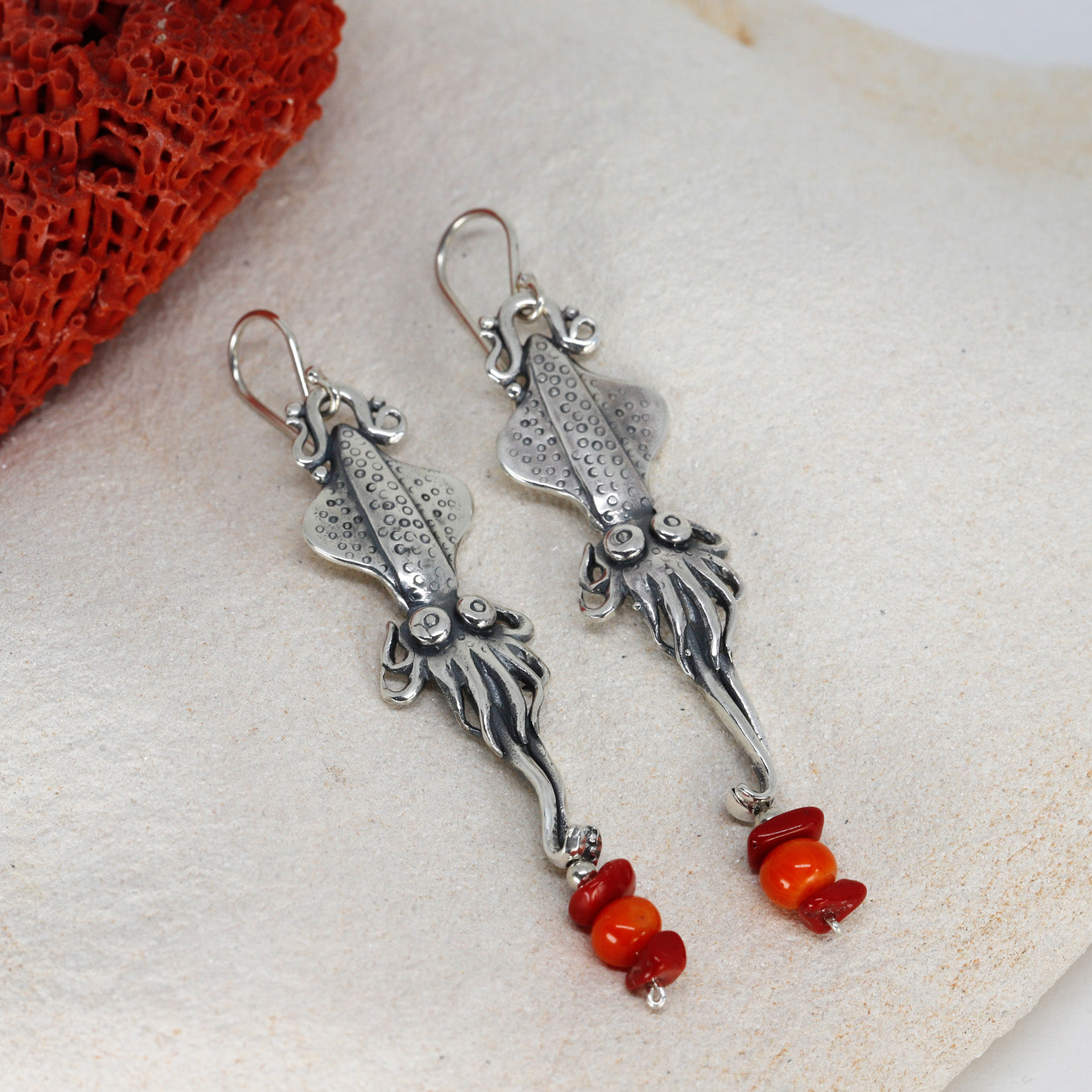 Squid Earrings with Coral Beads