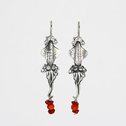 Squid Earrings with Coral Beads