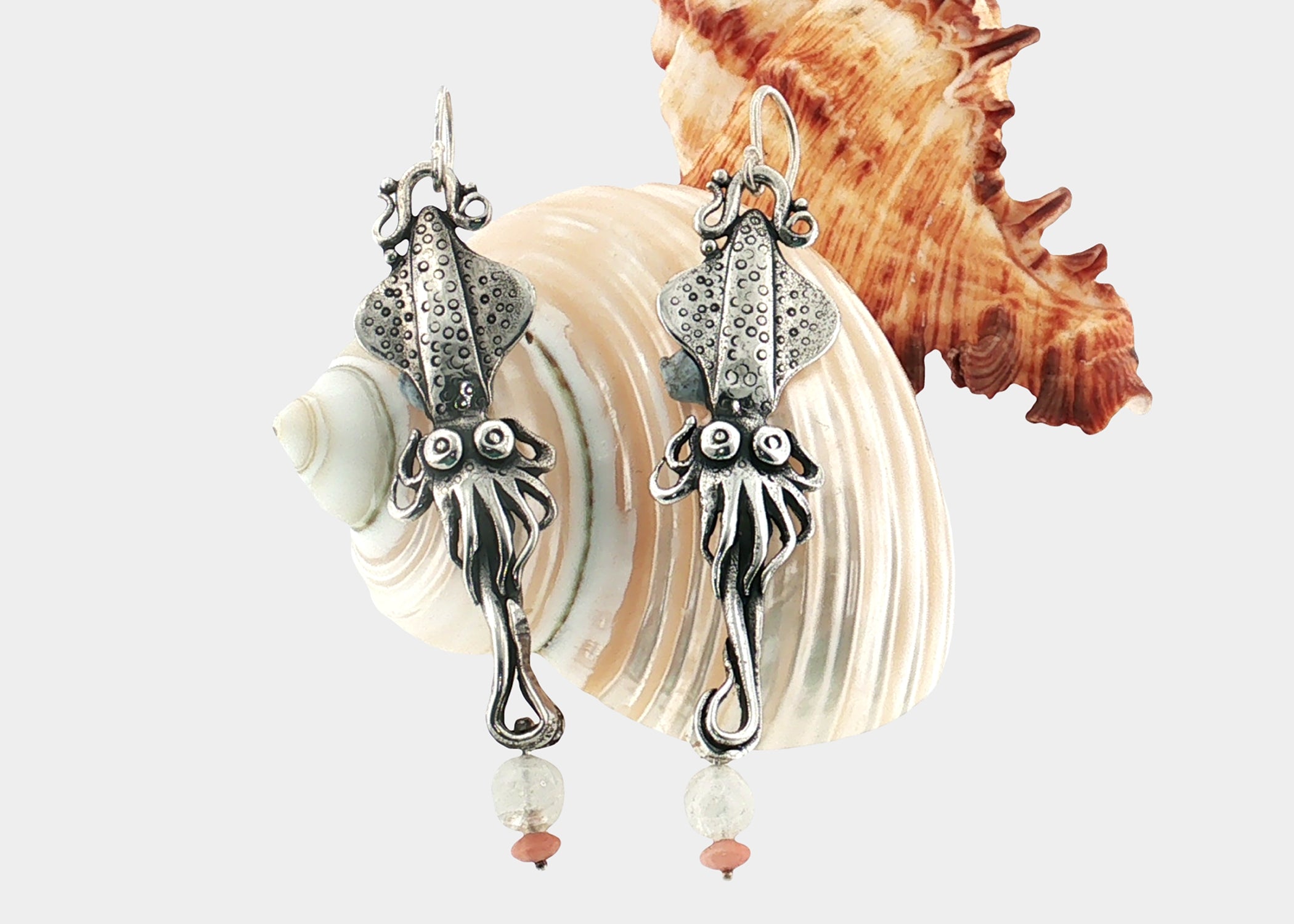 Squid Earrings with Moonstone & Coral