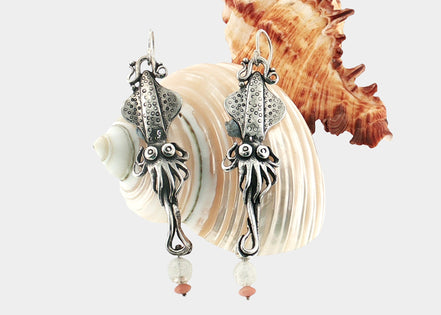 Squid Earrings with Moonstone & Coral