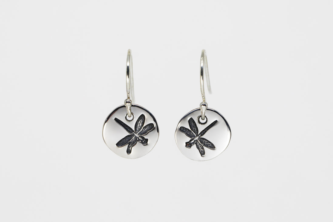 Round Small Disc Earrings - Dragonfly