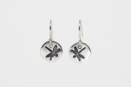 Round Small Disc Earrings - Dragonfly