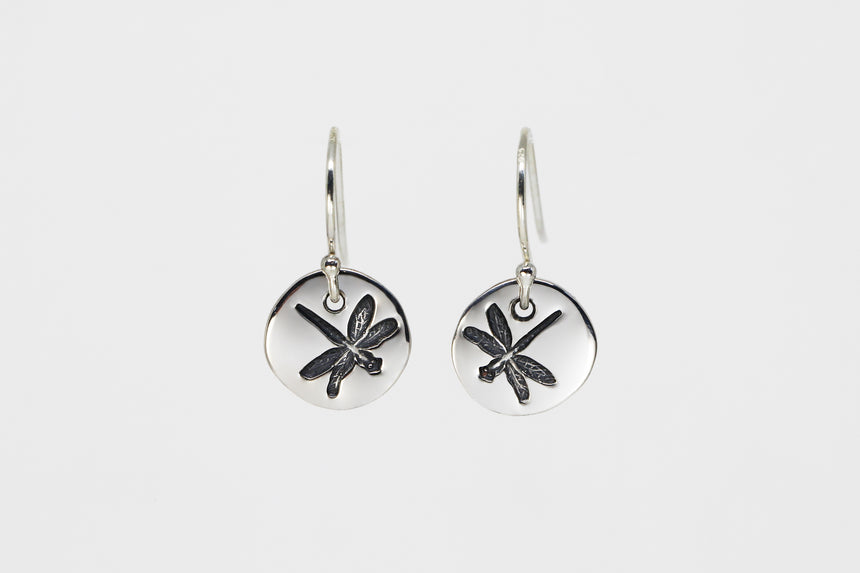 Round Small Disc Earrings - Dragonfly