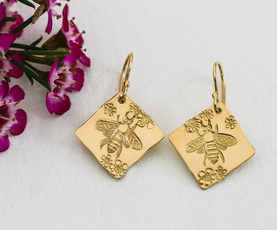 Bee & Gerladton Wax, 18ct Yellow Gold diamond shaped Earrings